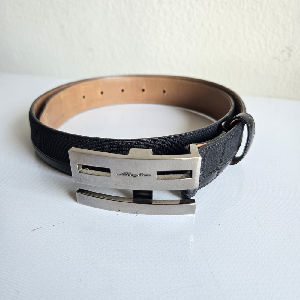 Mezlan Black Leather Texture Dress Belt Made in Spain Mens 32 Silver Buckle 4773
